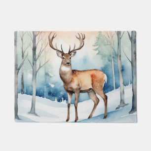 Deer In Snowy Forest Christmas Trees Watercolor Doormat