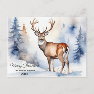Deer In Snowy Forest Christmas Trees Watercolor    Postcard