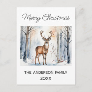 Deer In Snowy Forest Christmas Trees Watercolor Postcard