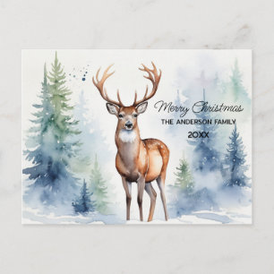 Deer In Snowy Forest Christmas Trees Watercolor Postcard