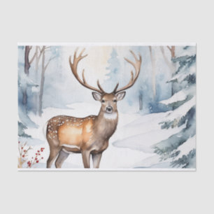 Deer In Snowy Forest Christmas Trees Watercolor Tissue Paper