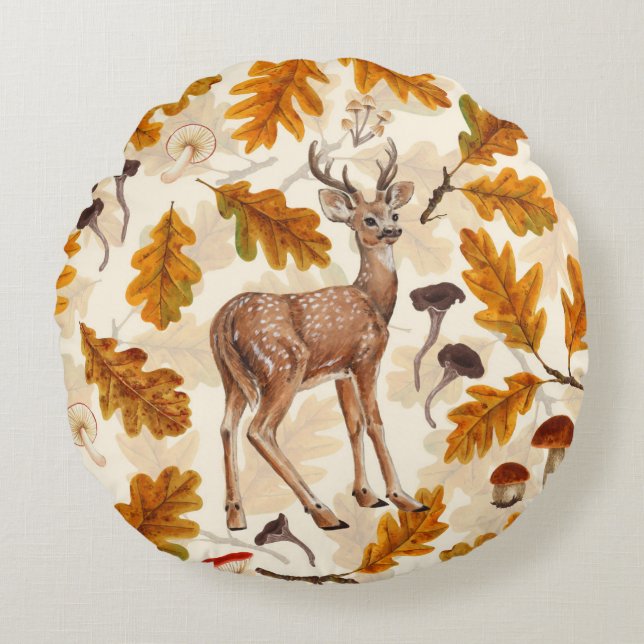 Deer in the autumnal forest round cushion (Front)