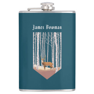 Deer in the Birch woods / Personalised Name Hip Flask