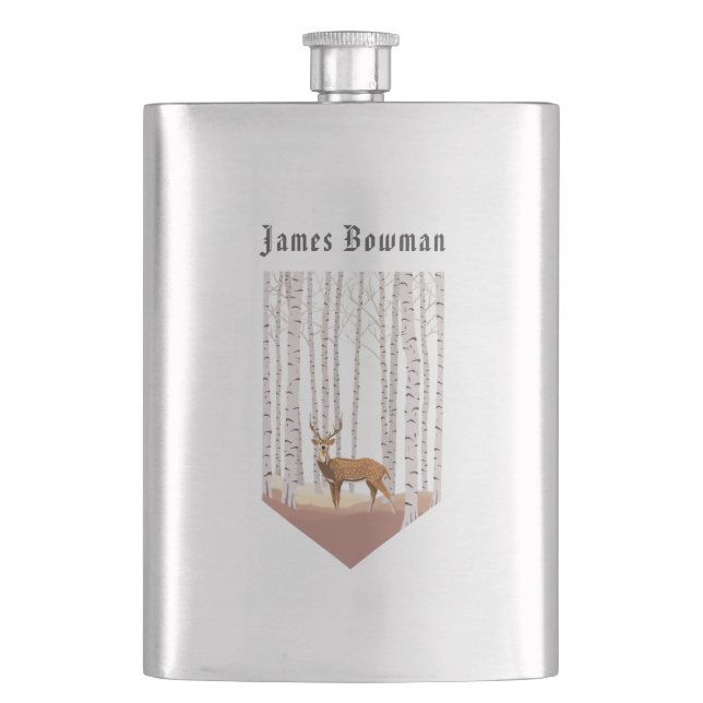 Deer in the Birch woods / Personalised Name Hip Flask (Front)