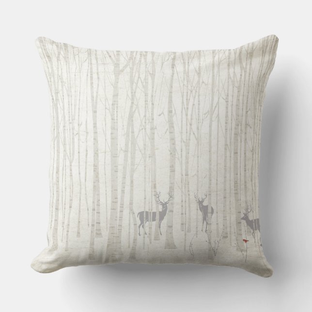 Deer in the Birch Woods Throw Pillow (Front)
