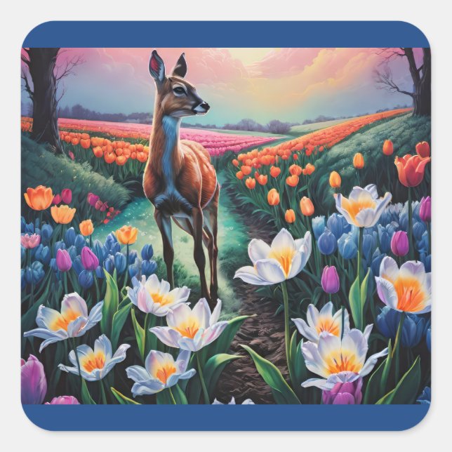 Deer in the flowers square sticker (Front)