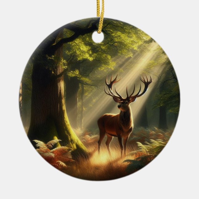 Deer in the morning forest ceramic tree decoration (Front)