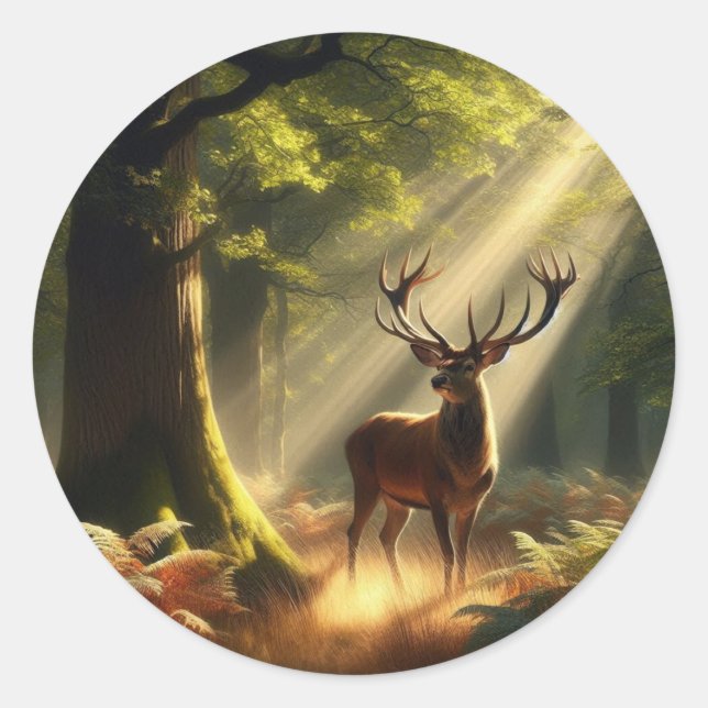 Deer in the morning forest classic round sticker (Front)