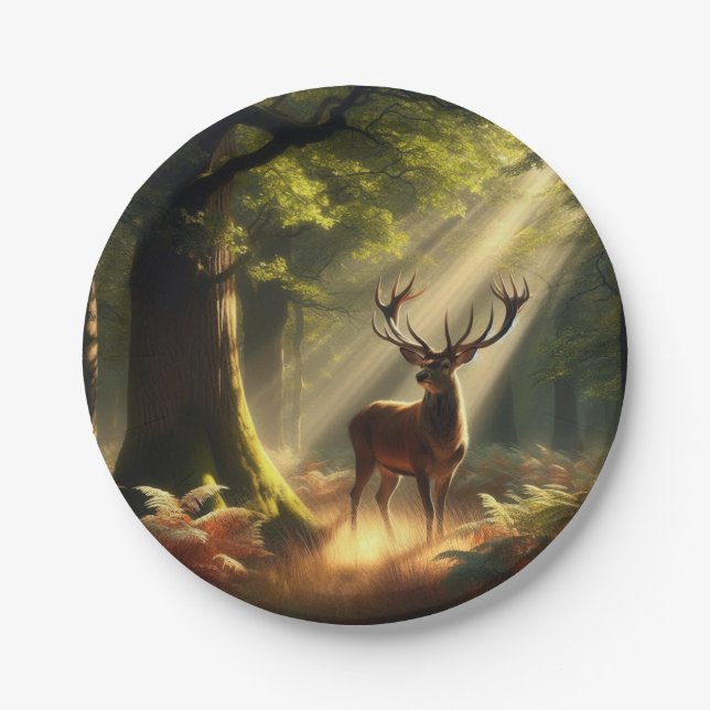Deer in the morning forest paper plate (Front)