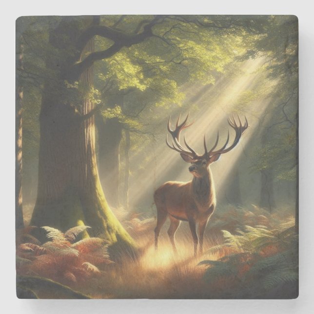 Deer in the morning forest stone coaster (Front)