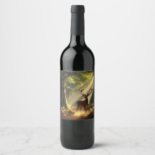 Deer in the morning forest wine label