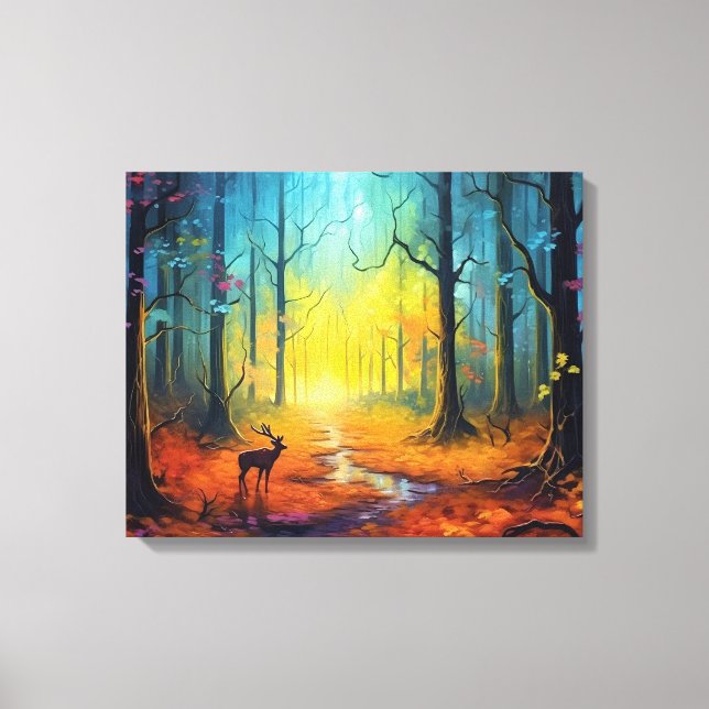 Deer in the Rainbow Autumn Forest Canvas Print (Front)