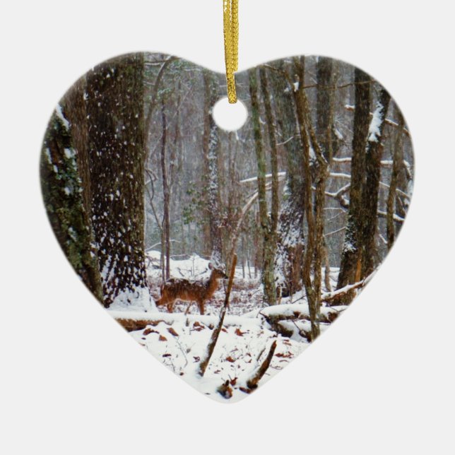 Deer in the snow fall ceramic tree decoration (Front)