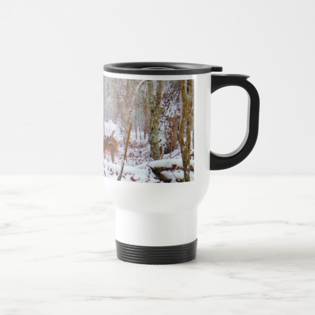 Deer in the snow, licking leg travel mug (Right)