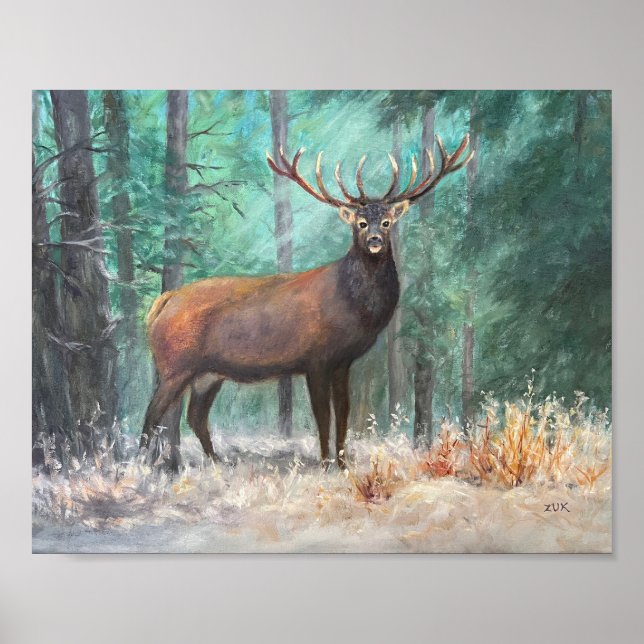 Deer in the Woods Oil Painting. Snowy Forest Scene Poster (Front)