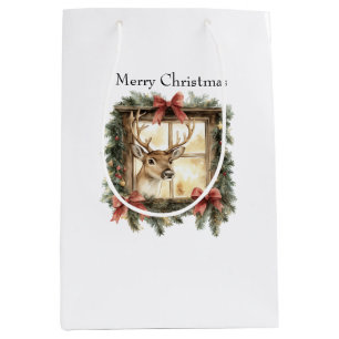 Deer in Window Red Bows Christmas Medium Gift Bag
