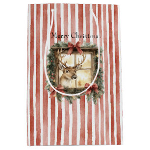 Deer in Window Red Stripes Bows Christmas Medium Gift Bag