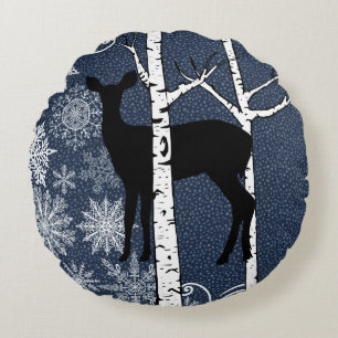 Deer in Winter Birch Forest Round Pillow