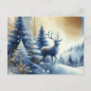 Deer in winter forest blue & gold design postcard