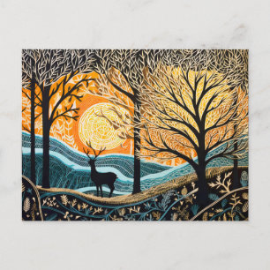 Deer in winter landscape. Abstract linoleum forest Holiday Postcard