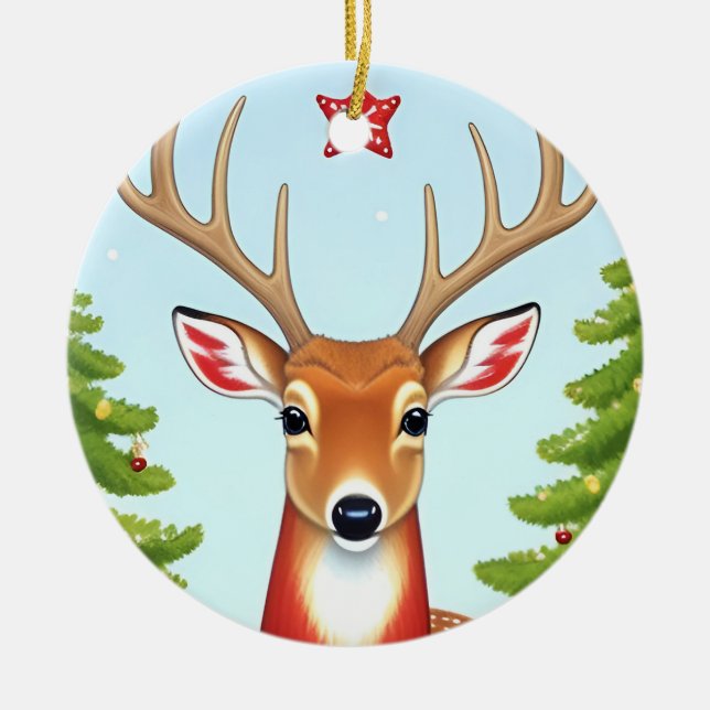 Deer in Winter Wonderland Scene Ceramic Tree Decoration (Front)