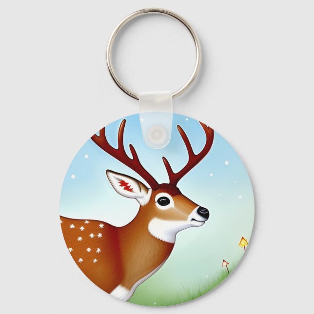 Deer in Winter Wonderland Scene Key Ring (Front)