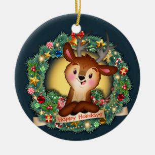 deer in wreath ceramic tree decoration