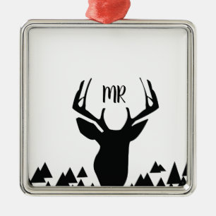 Deer Lover Black White Monogram Christmas Present Metal Tree Decoration
