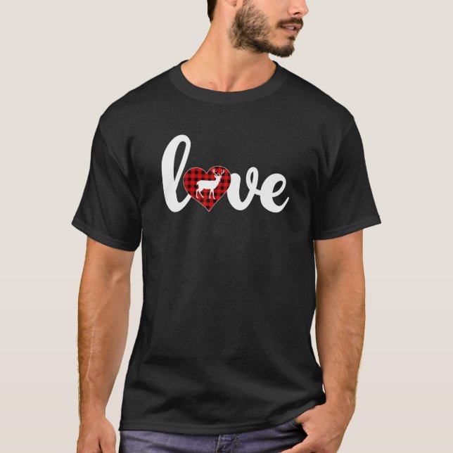 Deer Lover Buffalo Plaid Love Deer Valentine's Day T-Shirt (Front)