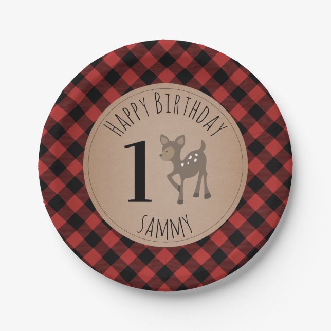Deer Lumberjack Plaid Birthday Party Paper Plate (Front)