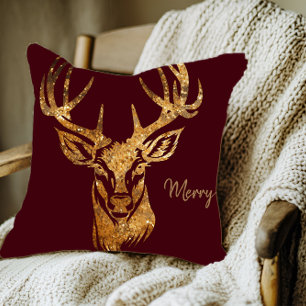 Deer/ Merry/ Gold Glitter/ Burgundy Dark Cushion