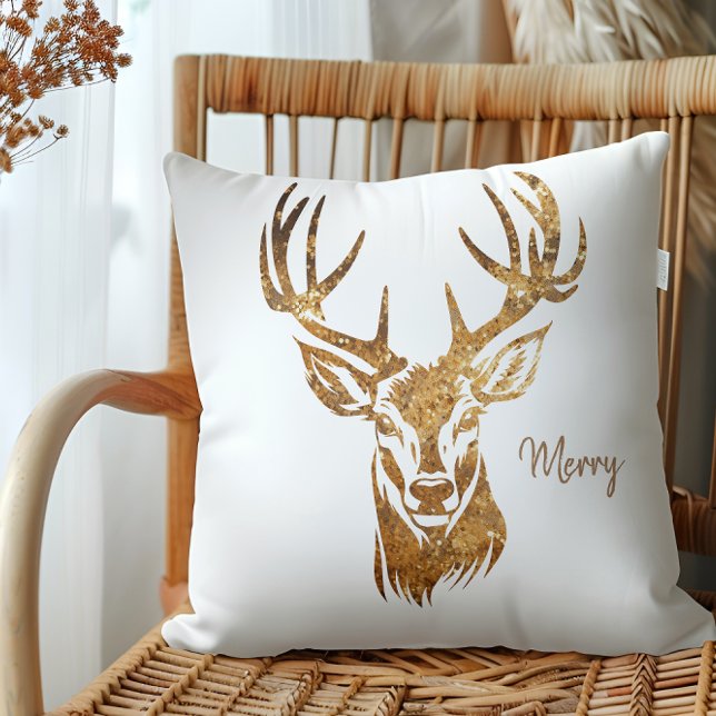 Deer/ Merry/ Gold Glitter/ Cream Cushion (Rustic Cabin Gold Deer I Merry Holiday Throw Pillow)