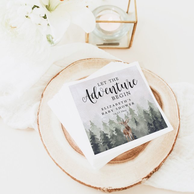 Deer Misty Pine Forest Adventure Baby Shower Napkin (Creator Uploaded)