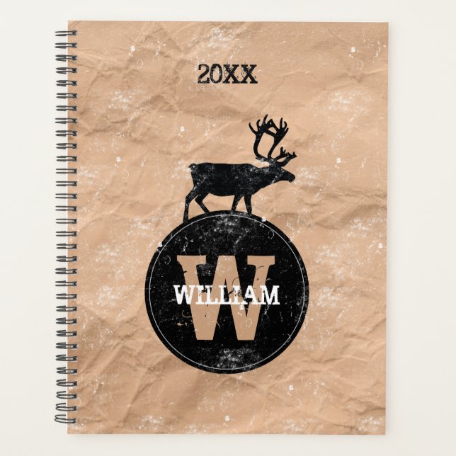 Deer Monogram Distressed Rustic Brown Kraft Planner (Front)
