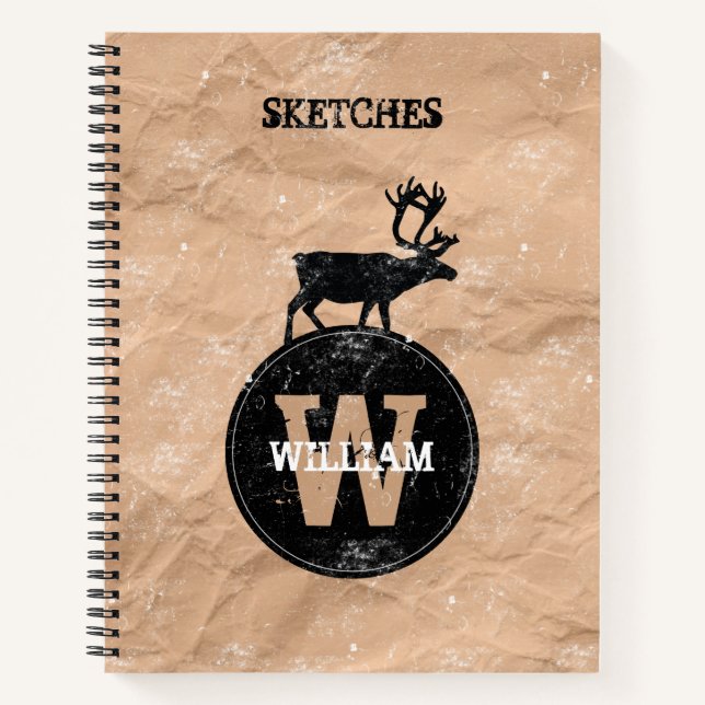 Deer Monogram Distressed Rustic Brown Kraft Sketch Notebook (Front)