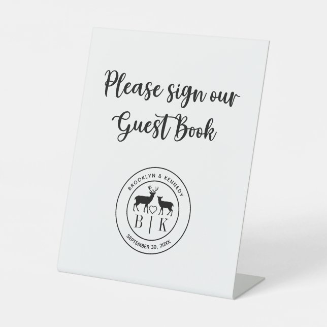 Deer Monogram Rustic Country Wedding Guest Book Pedestal Sign (Front)