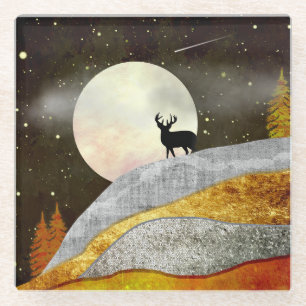 Deer Moon Landscape Glass Coaster