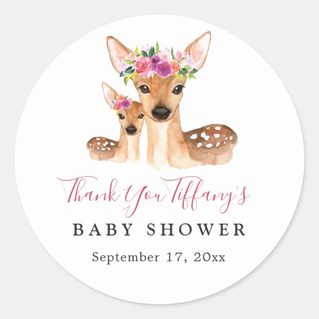 Deer Mum And Baby Floral Thank You Baby Shower Classic Round Sticker (Front)