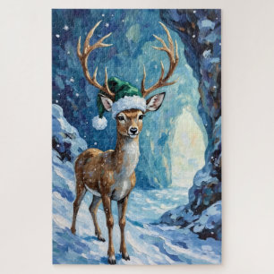 Deer of the Icy Christmas Cave Hat Jigsaw Puzzle