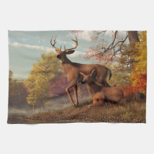 Deer on an Autumn Lakeshore Tea Towel