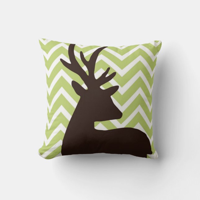 Deer on Chevron Zigzag - Green and White Cushion (Front)