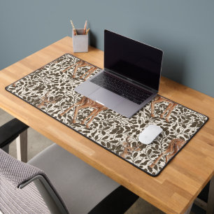 Deer on decorative oak damask pattern in brown and desk mat