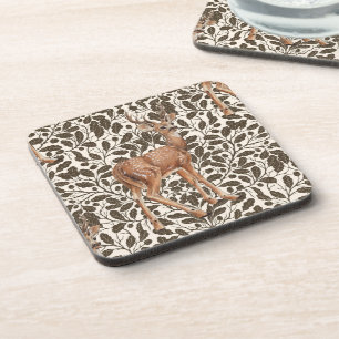 Deer on decorative oak damask pattern in brown  coaster
