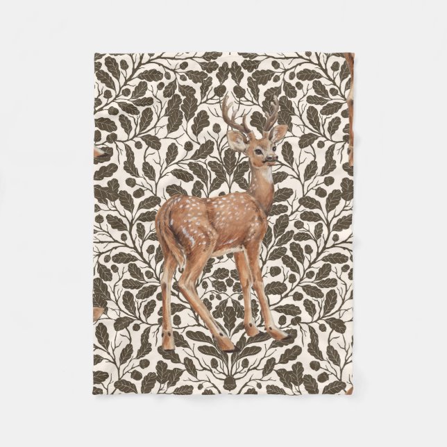 Deer on decorative oak damask pattern in brown  fleece blanket (Front)