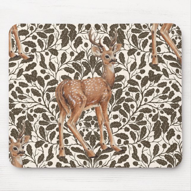 Deer on decorative oak damask pattern in brown  mouse pad (Front)