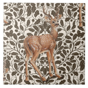 Deer on decorative oak damask pattern in brown  tile