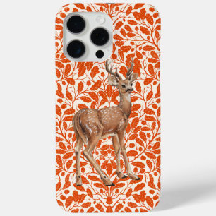 Deer on decorative oak damask pattern in dark oran iPhone 15 pro max case