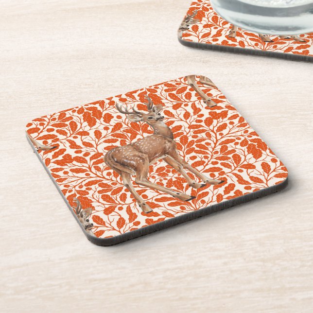 Deer on decorative oak damask pattern in dark oran coaster (Left Side)