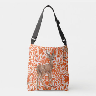 Deer on decorative oak damask pattern in dark oran crossbody bag