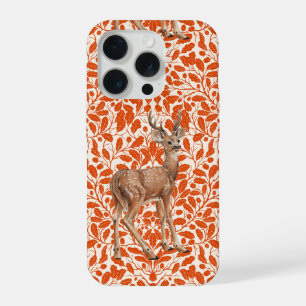 Deer on decorative oak damask pattern in dark oran iPhone 15 pro case